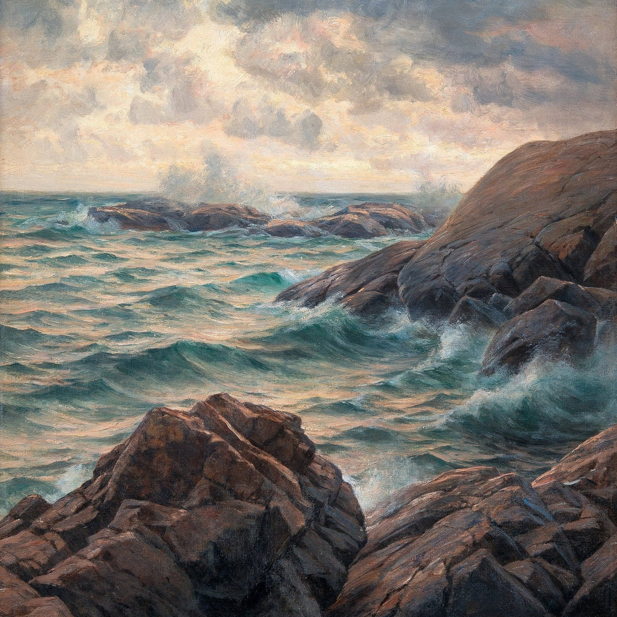 Rocky Coastline, Rolling Waves, Clouded Sky – Landscape Oil Painting - Oil Painting Haven