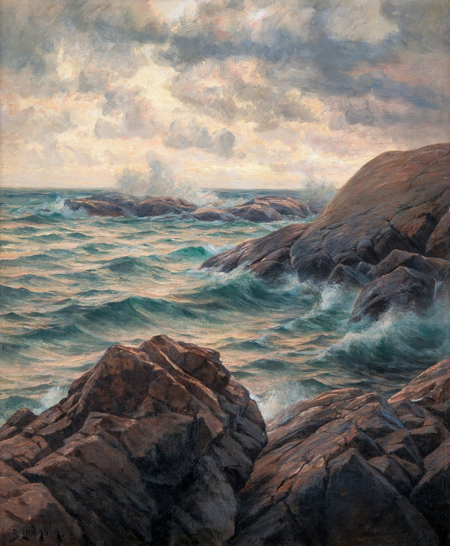 Rocky Coastline, Rolling Waves, Clouded Sky – Landscape Oil Painting - Oil Painting Haven