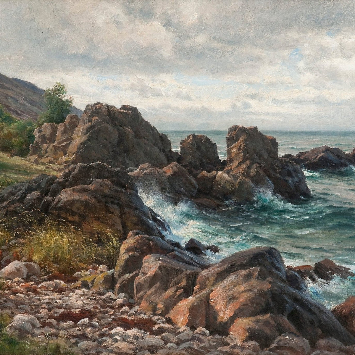 Rocky Coastline, Rolling Waves with Sailboat – Landscape Oil Painting - Oil Painting Haven