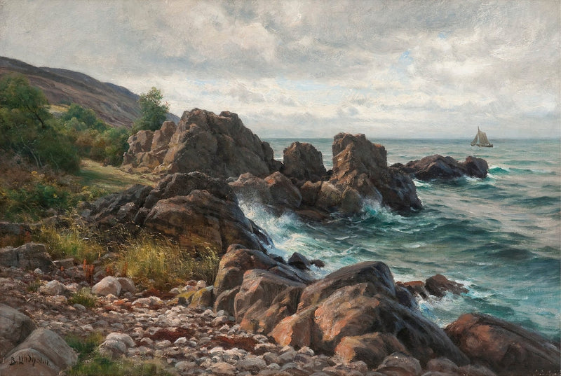 Rocky Coastline, Rolling Waves with Sailboat – Landscape Oil Painting - Oil Painting Haven