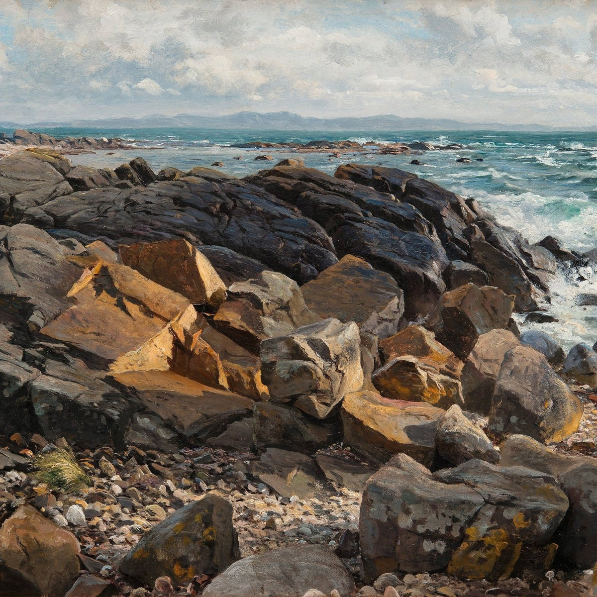 Rocky Coastline with Crashing Waves – Landscape Oil Painting - Oil Painting Haven