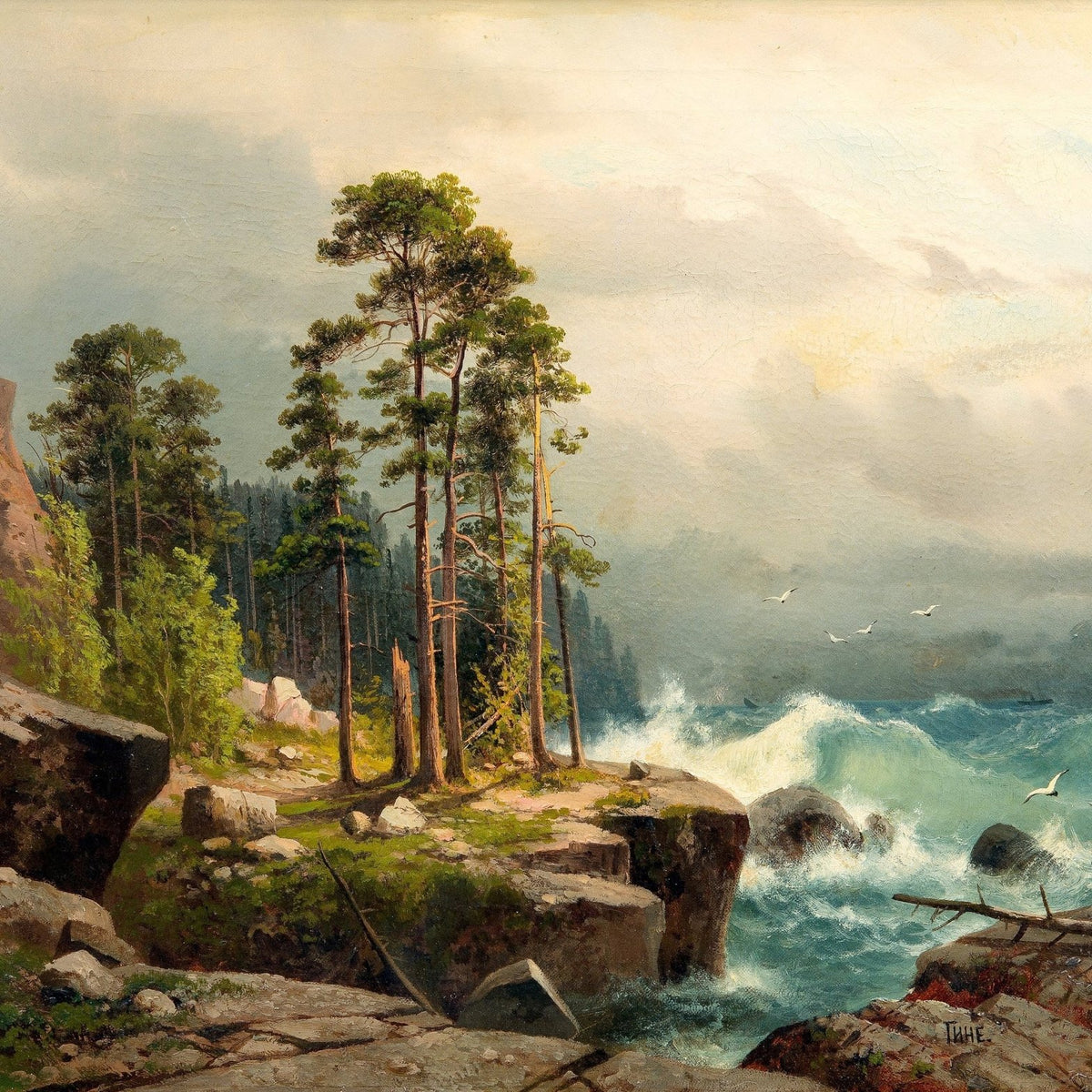 Rocky Forest Coast with Waves – Hand - Painted Landscape Oil Painting - Oil Painting Haven