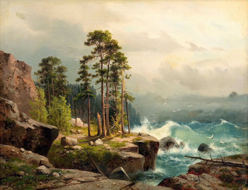 Rocky Forest Coast with Waves – Hand - Painted Landscape Oil Painting - Oil Painting Haven
