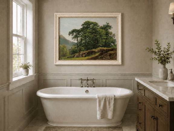 Framed hand-painted landscape oil painting with a rocky hillside, oak tree and distant mountains displayed above a freestanding bathtub.