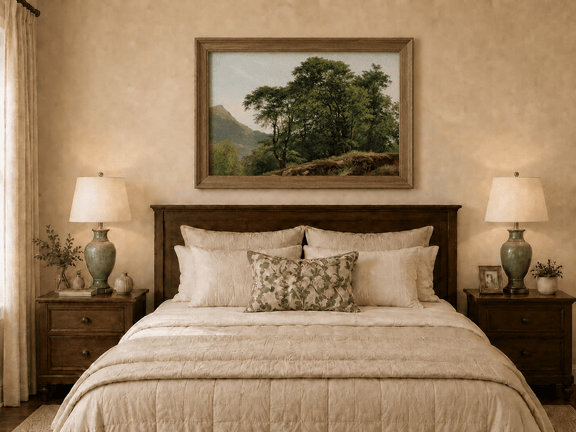Framed hand-painted landscape oil painting with a rocky hillside, oak tree and distant mountains displayed above a wooden bed in a neutral bedroom.