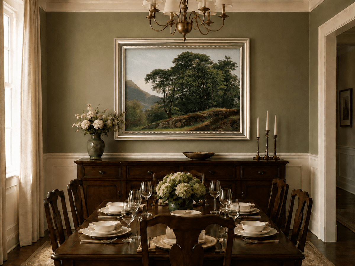 Framed hand-painted landscape oil painting with a rocky hillside, oak tree and distant mountains displayed above a formal dining table.