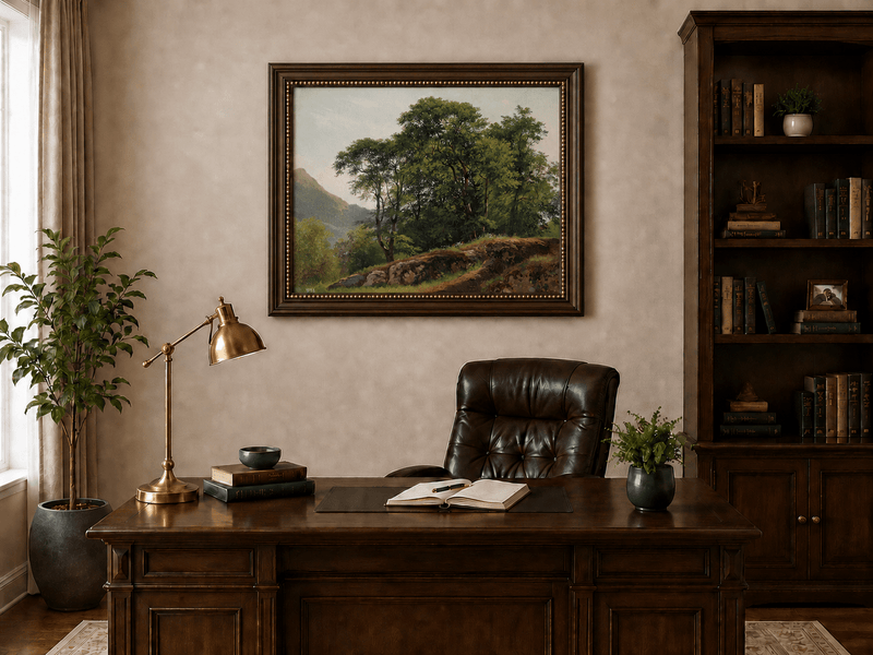 Framed hand-painted landscape oil painting with a rocky hillside, oak tree and distant mountains displayed above a traditional home office desk.