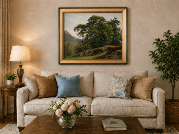 Framed hand-painted landscape oil painting with a rocky hillside, oak tree and distant mountains displayed above a neutral living room sofa.