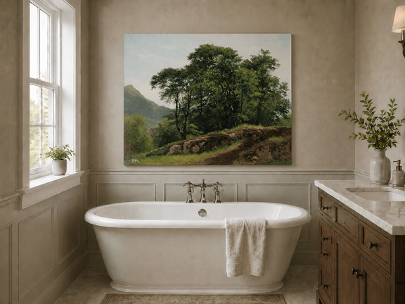 Unframed hand-painted landscape oil painting with a rocky hillside, oak tree and distant mountains displayed above a freestanding bathtub.