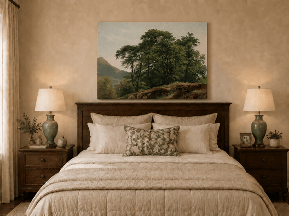 Unframed hand-painted landscape oil painting with a rocky hillside, oak tree and distant mountains displayed above a wooden bed in a neutral bedroom.