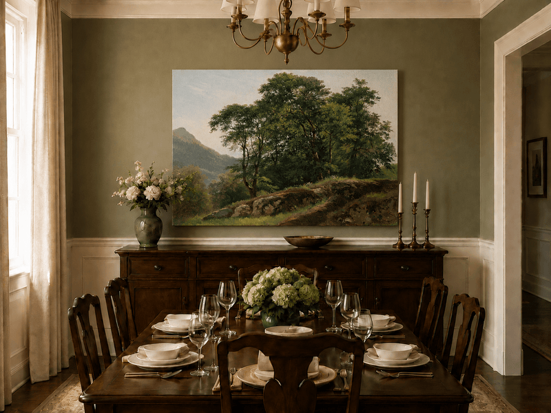 Unframed hand-painted landscape oil painting with a rocky hillside, oak tree and distant mountains displayed above a formal dining table.