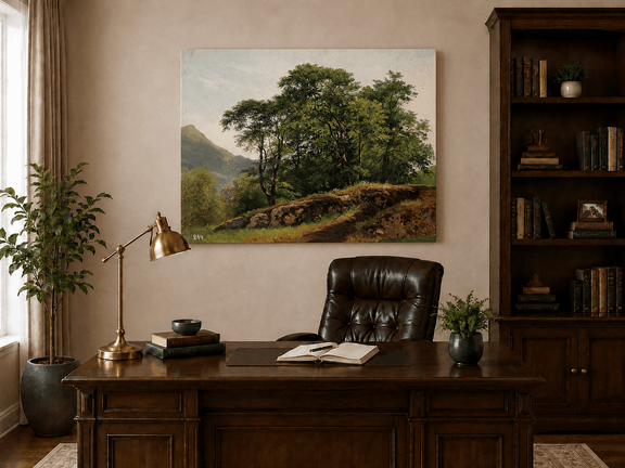 Unframed hand-painted landscape oil painting with a rocky hillside, oak tree and distant mountains displayed above a traditional home office desk.