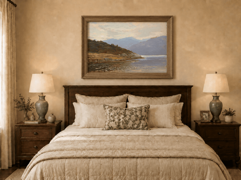 Framed hand-painted lake shore oil painting with rocky banks, vegetation and mountain ranges displayed above a wooden bed in a neutral bedroom.