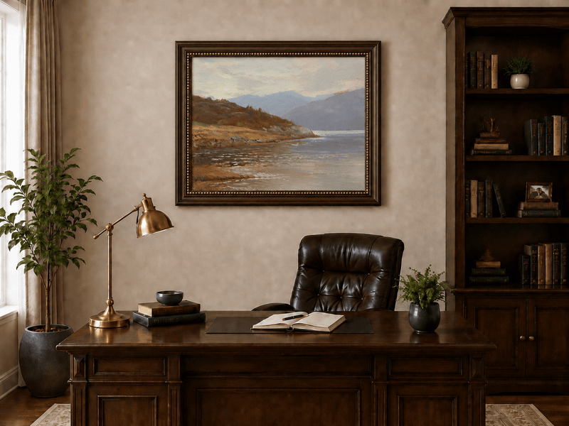 Framed hand-painted lake shore oil painting with rocky banks, vegetation and mountain ranges displayed above a traditional home office desk.