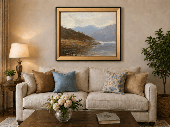 Framed hand-painted lake shore oil painting with rocky banks, vegetation and mountain ranges displayed above a neutral living room sofa.