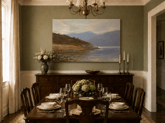 Unframed hand-painted lake shore oil painting with rocky banks, vegetation and mountain ranges displayed above a formal dining table.