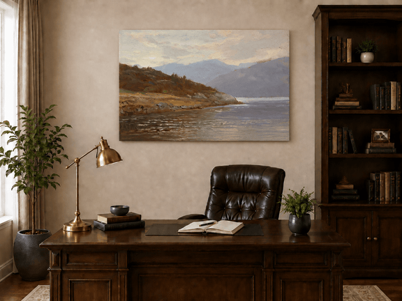 Unframed hand-painted lake shore oil painting with rocky banks, vegetation and mountain ranges displayed above a traditional home office desk.