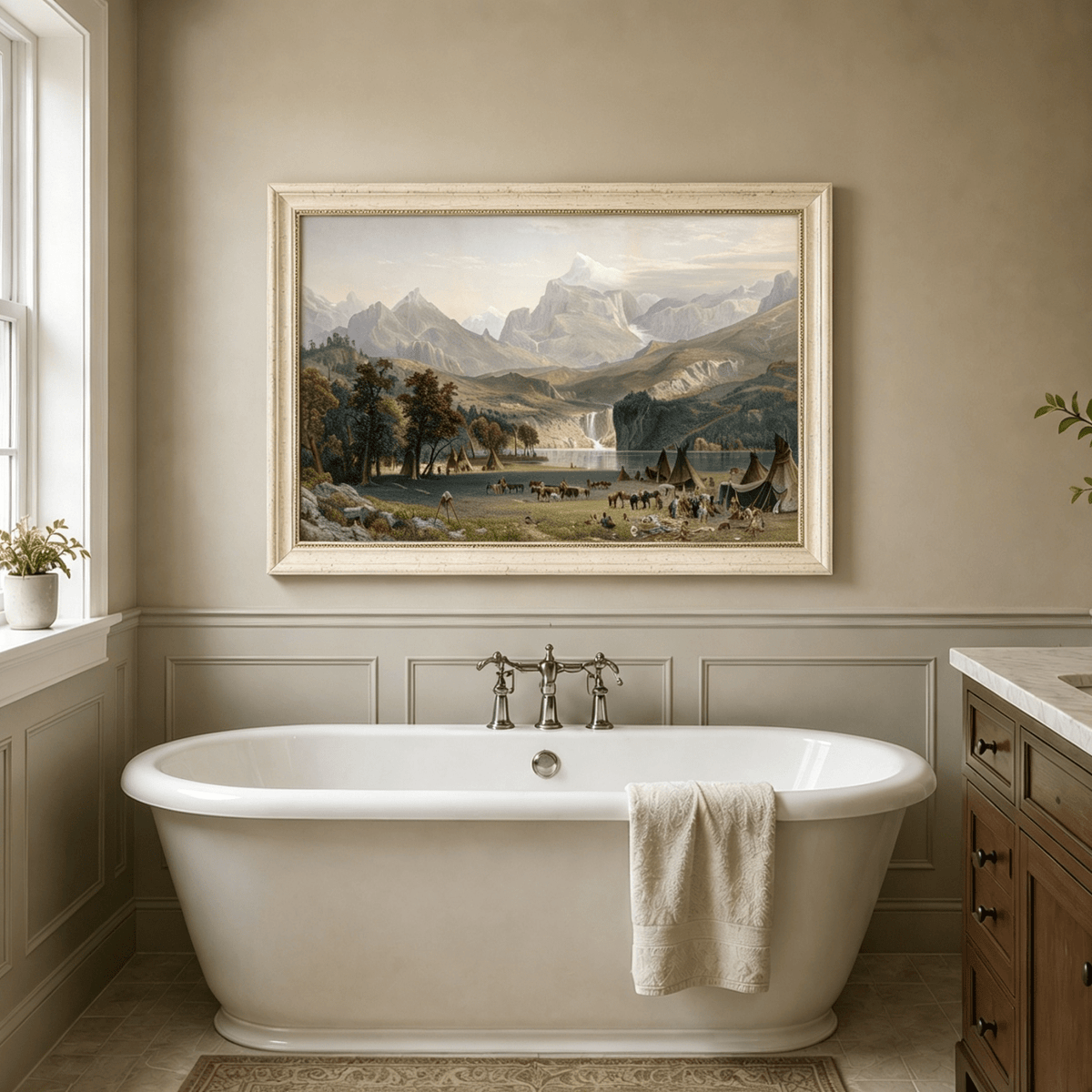 Framed hand-painted Rocky Mountain camp oil painting beside a lake beneath rugged peaks displayed above a freestanding bathtub.