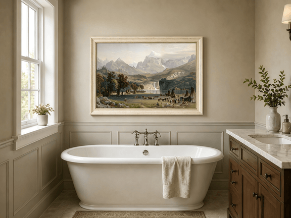 Framed hand-painted Rocky Mountain camp oil painting beside a lake beneath rugged peaks displayed above a freestanding bathtub.
