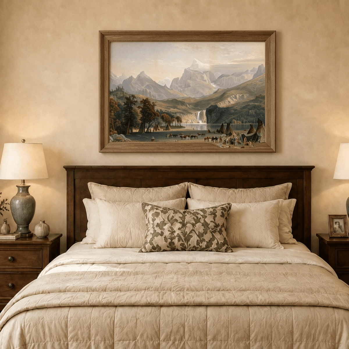 Framed hand-painted Rocky Mountain camp oil painting beside a lake beneath rugged peaks displayed above a wooden bed in a neutral bedroom.