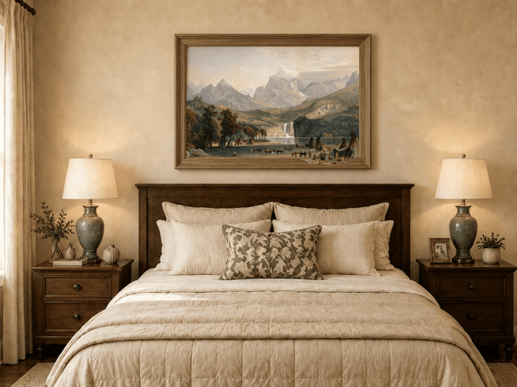 Framed hand-painted Rocky Mountain camp oil painting beside a lake beneath rugged peaks displayed above a wooden bed in a neutral bedroom.