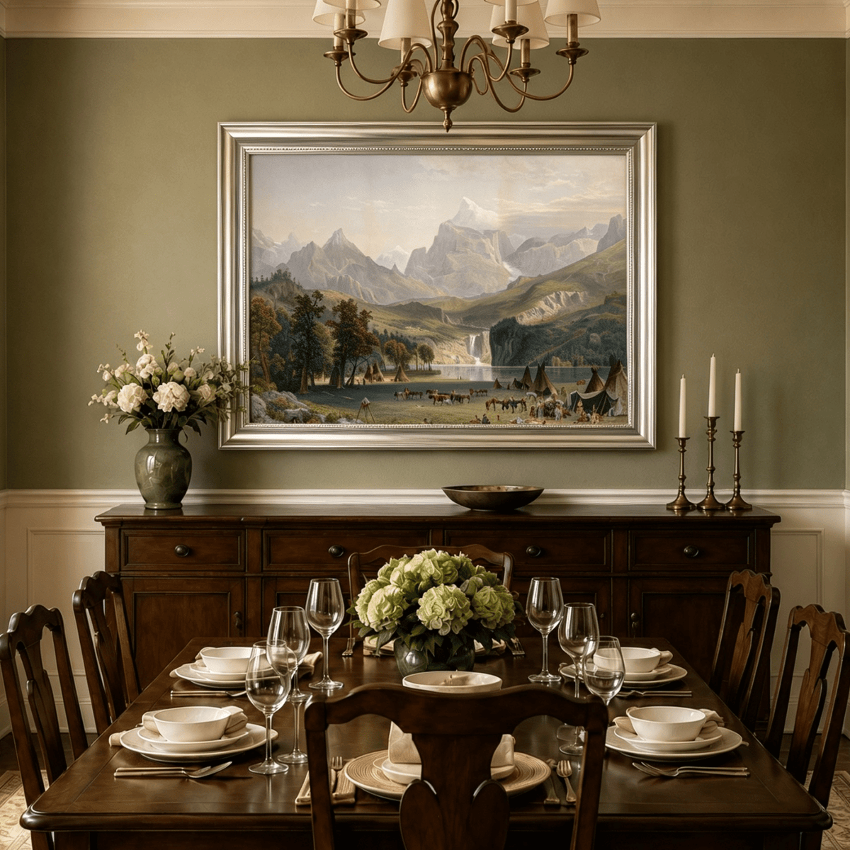 Framed hand-painted Rocky Mountain camp oil painting beside a lake beneath rugged peaks displayed above a formal dining table.