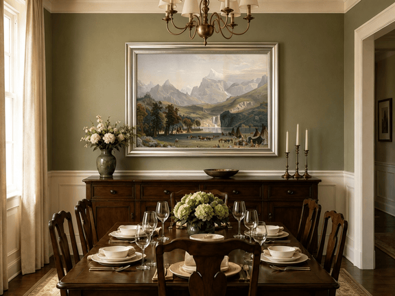 Framed hand-painted Rocky Mountain camp oil painting beside a lake beneath rugged peaks displayed above a formal dining table.
