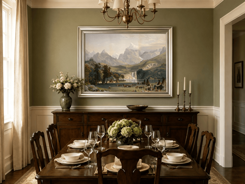 Framed hand-painted Rocky Mountain camp oil painting beside a lake beneath rugged peaks displayed above a formal dining table.