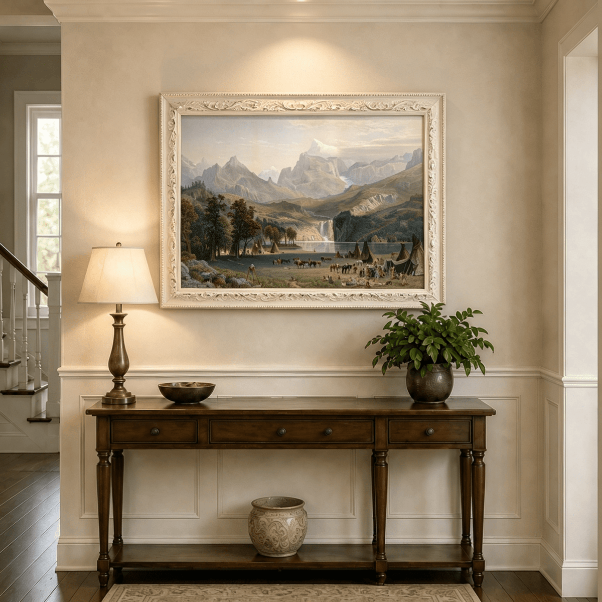 Framed hand-painted Rocky Mountain camp oil painting beside a lake beneath rugged peaks displayed above an entryway console table.