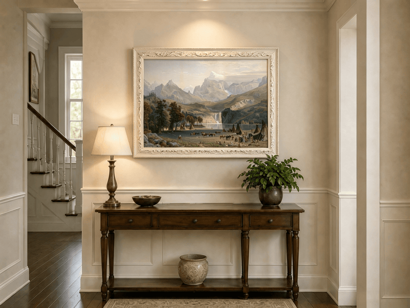 Framed hand-painted Rocky Mountain camp oil painting beside a lake beneath rugged peaks displayed above an entryway console table.