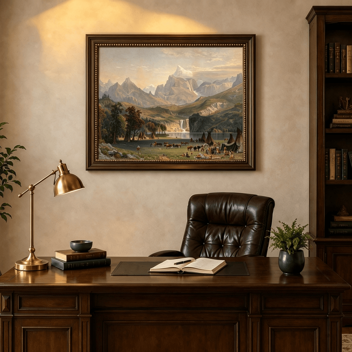Framed hand-painted Rocky Mountain camp oil painting beside a lake beneath rugged peaks displayed above a traditional home office desk.