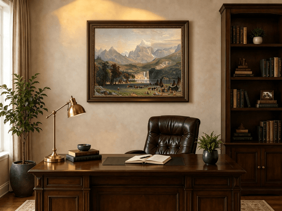 Framed hand-painted Rocky Mountain camp oil painting beside a lake beneath rugged peaks displayed above a traditional home office desk.