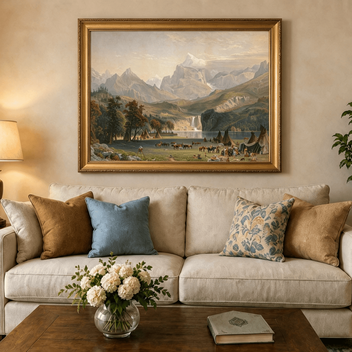 Framed hand-painted Rocky Mountain camp oil painting beside a lake beneath rugged peaks displayed above a neutral living room sofa.