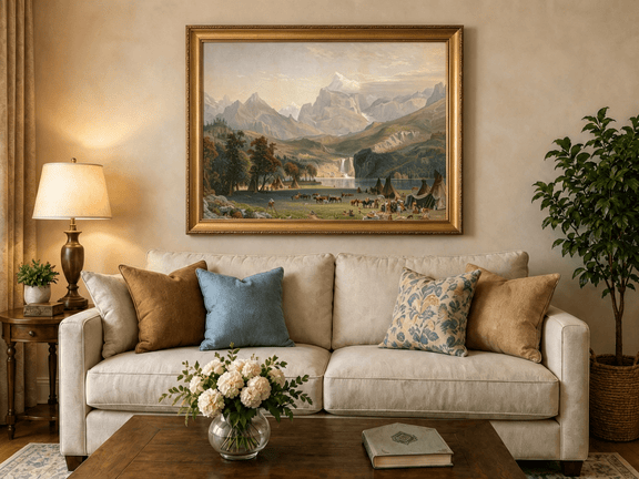 Framed hand-painted Rocky Mountain camp oil painting beside a lake beneath rugged peaks displayed above a neutral living room sofa.