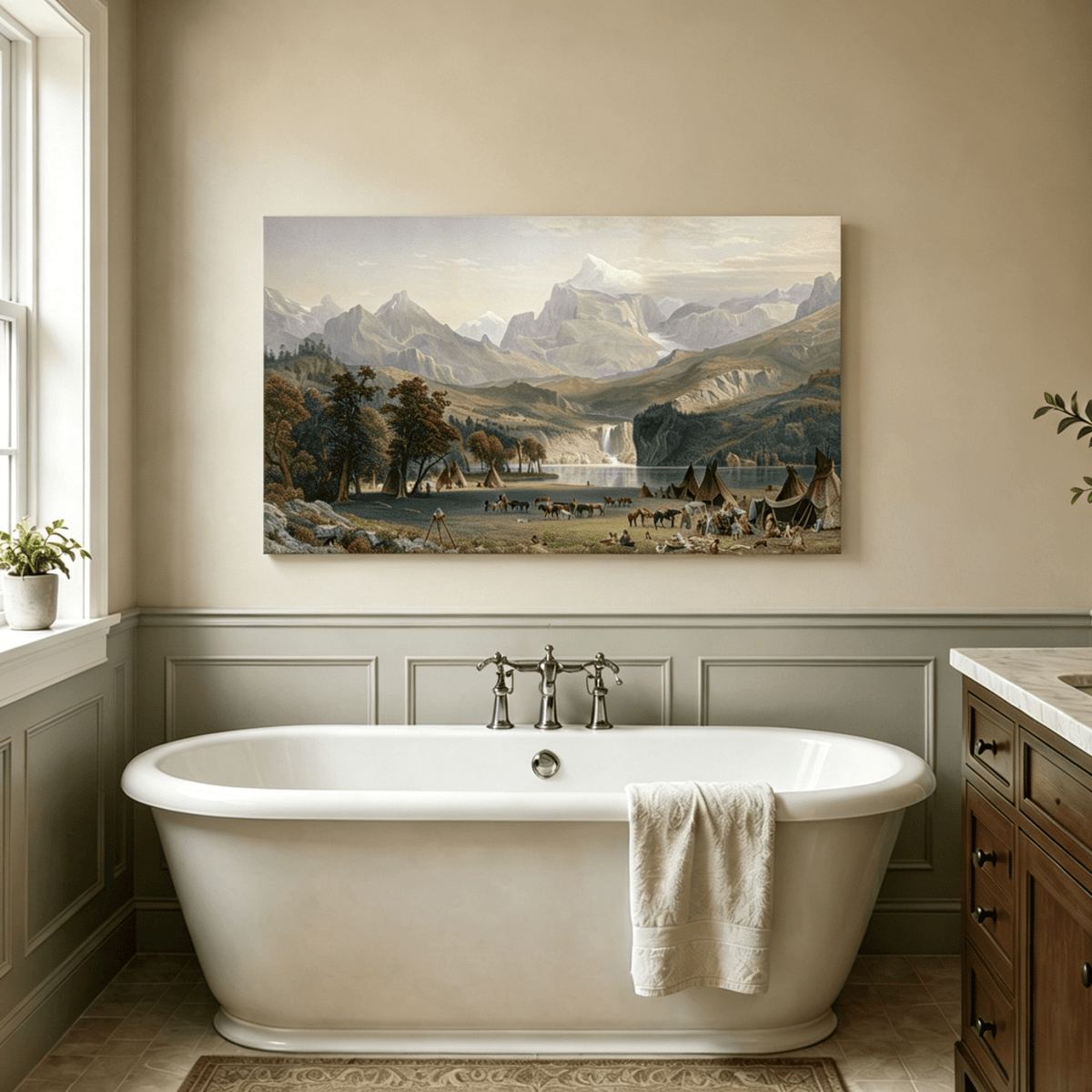 Unframed hand-painted Rocky Mountain camp oil painting beside a lake beneath rugged peaks displayed above a freestanding bathtub.