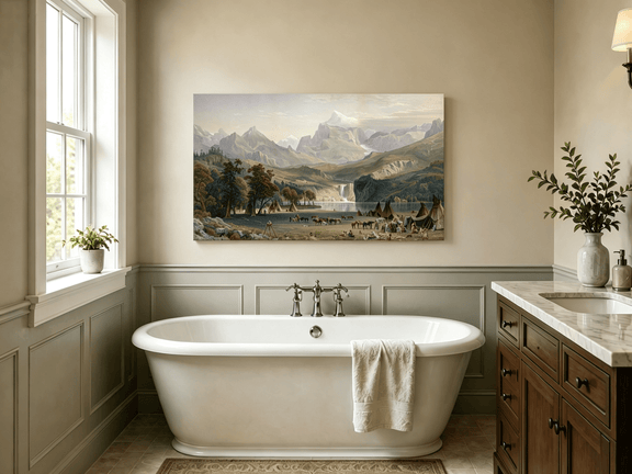 Unframed hand-painted Rocky Mountain camp oil painting beside a lake beneath rugged peaks displayed above a freestanding bathtub.