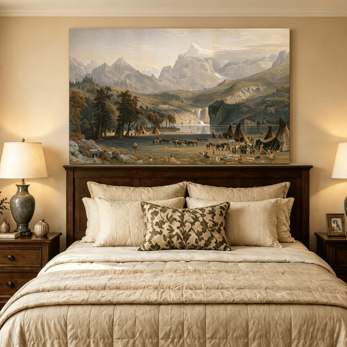 Unframed hand-painted Rocky Mountain camp oil painting beside a lake beneath rugged peaks displayed above a wooden bed in a neutral bedroom.