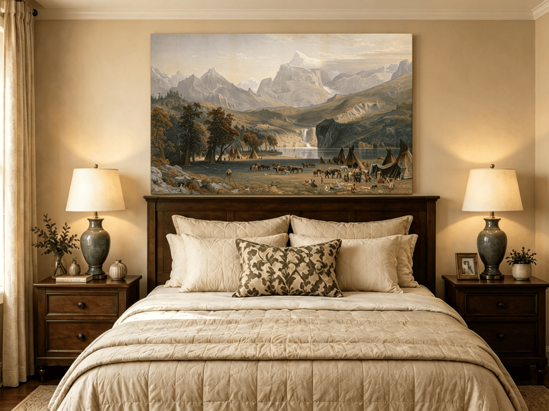 Unframed hand-painted Rocky Mountain camp oil painting beside a lake beneath rugged peaks displayed above a wooden bed in a neutral bedroom.
