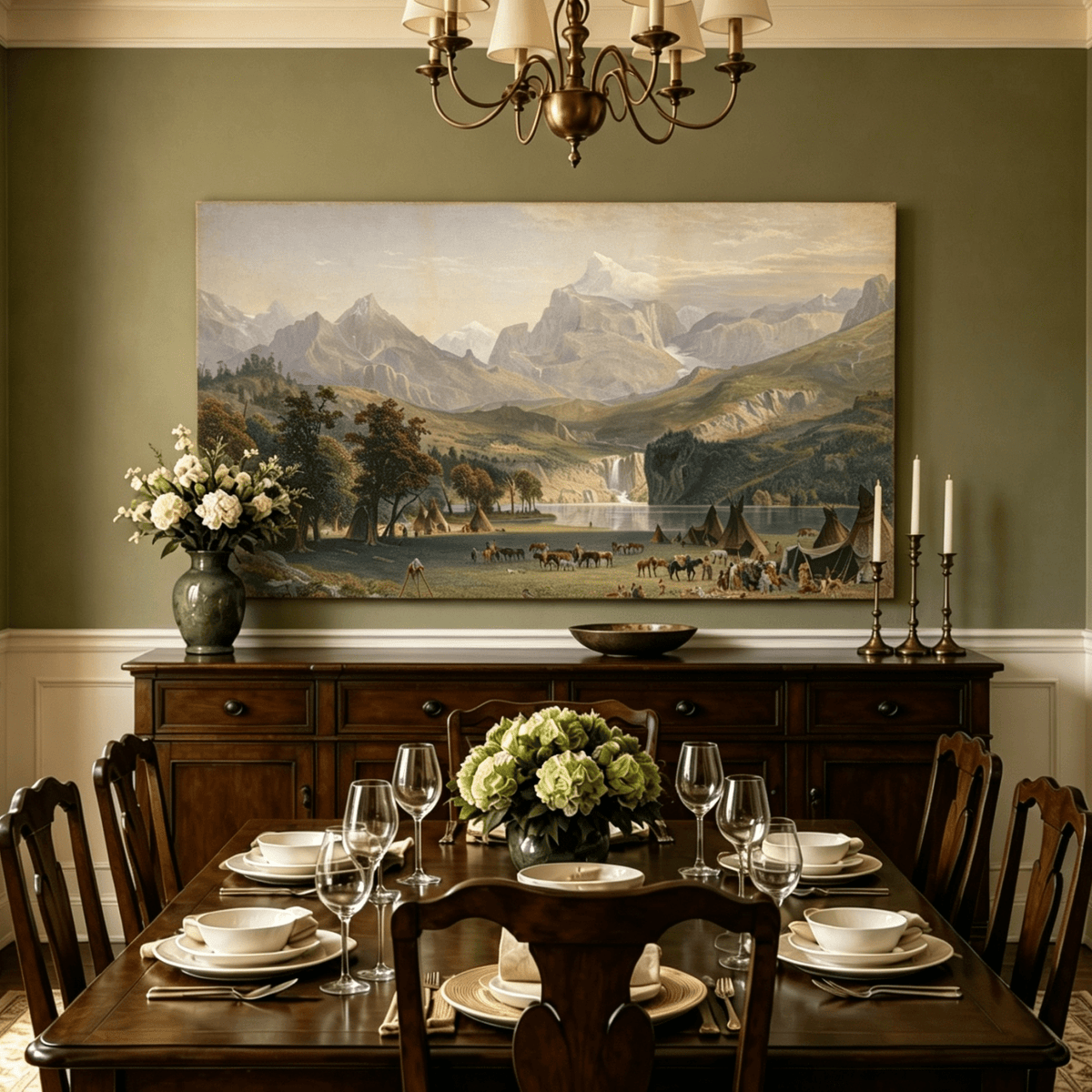 Unframed hand-painted Rocky Mountain camp oil painting beside a lake beneath rugged peaks displayed above a formal dining table.