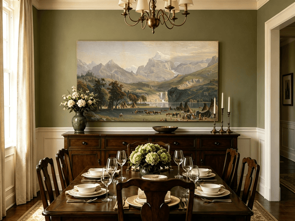 Unframed hand-painted Rocky Mountain camp oil painting beside a lake beneath rugged peaks displayed above a formal dining table.