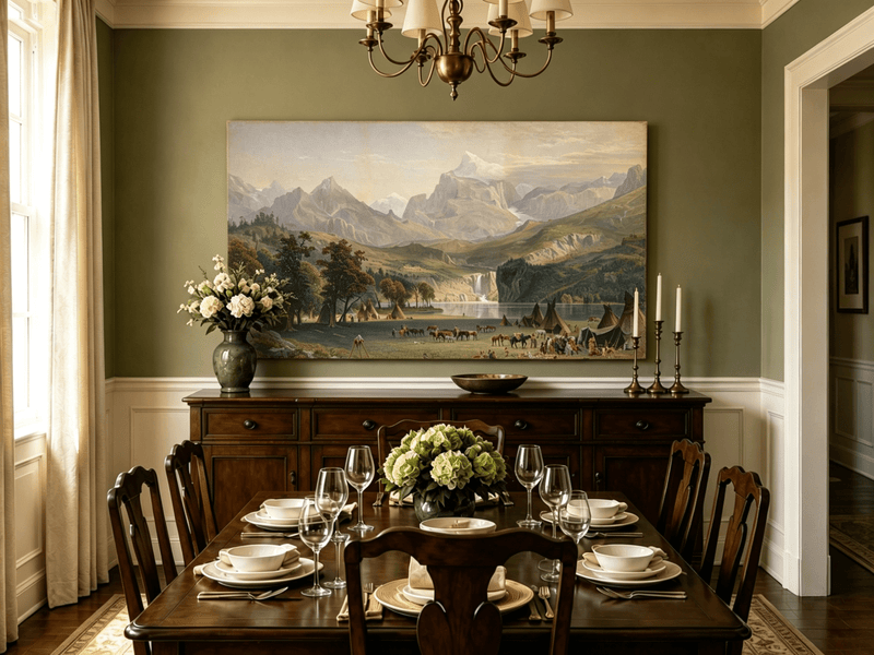 Unframed hand-painted Rocky Mountain camp oil painting beside a lake beneath rugged peaks displayed above a formal dining table.