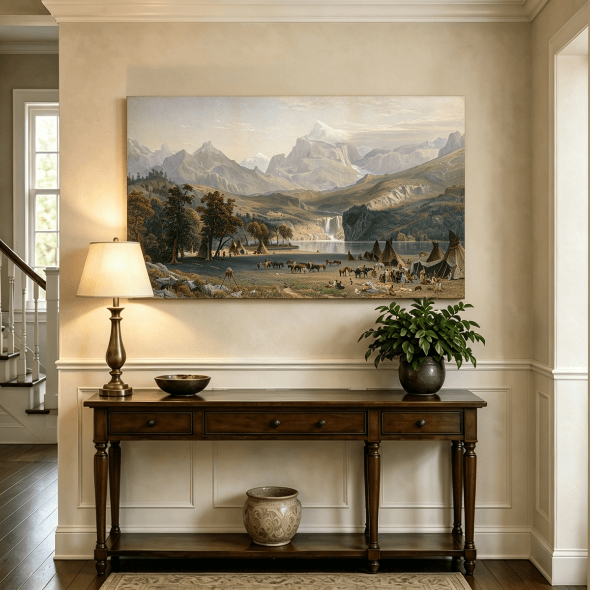 Unframed hand-painted Rocky Mountain camp oil painting beside a lake beneath rugged peaks displayed above an entryway console table.