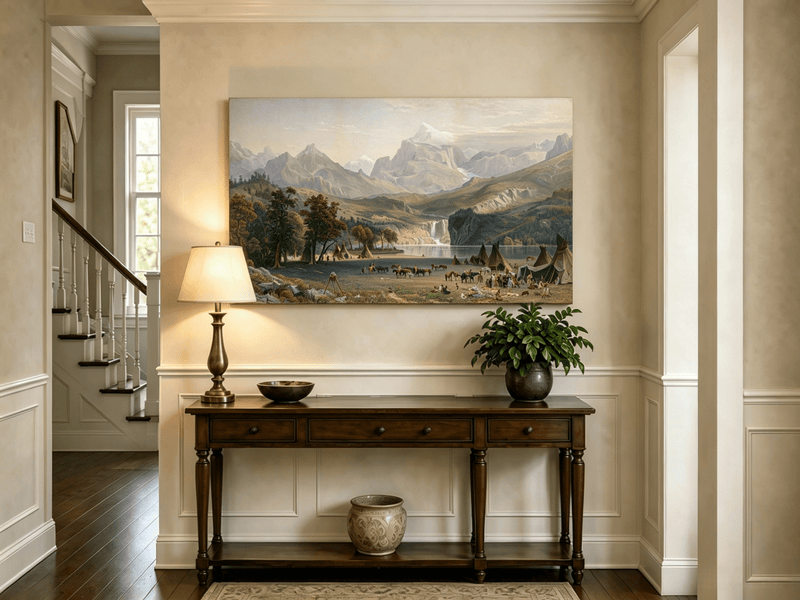 Unframed hand-painted Rocky Mountain camp oil painting beside a lake beneath rugged peaks displayed above an entryway console table.