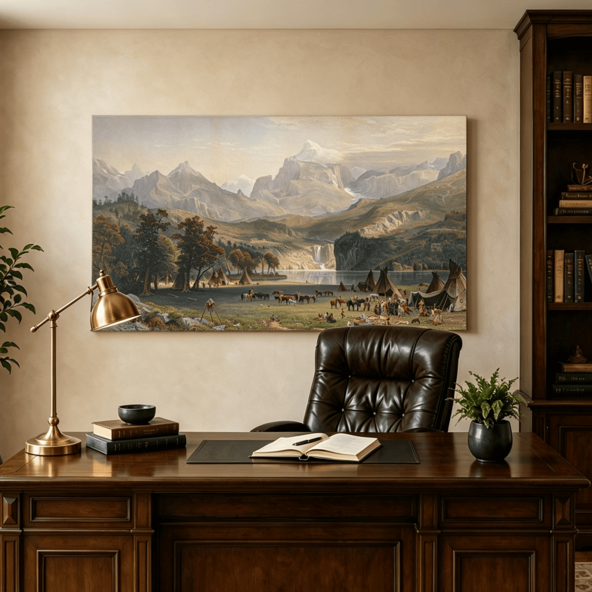 Unframed hand-painted Rocky Mountain camp oil painting beside a lake beneath rugged peaks displayed above a traditional home office desk.