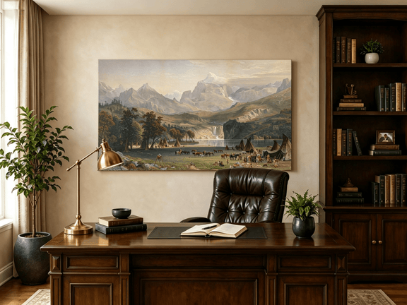Unframed hand-painted Rocky Mountain camp oil painting beside a lake beneath rugged peaks displayed above a traditional home office desk.