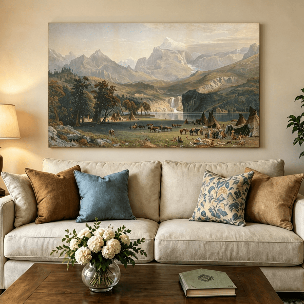 Unframed hand-painted Rocky Mountain camp oil painting beside a lake beneath rugged peaks displayed above a neutral living room sofa.