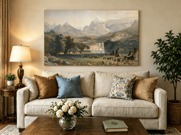 Unframed hand-painted Rocky Mountain camp oil painting beside a lake beneath rugged peaks displayed above a neutral living room sofa.