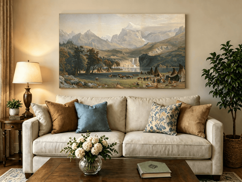 Unframed hand-painted Rocky Mountain camp oil painting beside a lake beneath rugged peaks displayed above a neutral living room sofa.