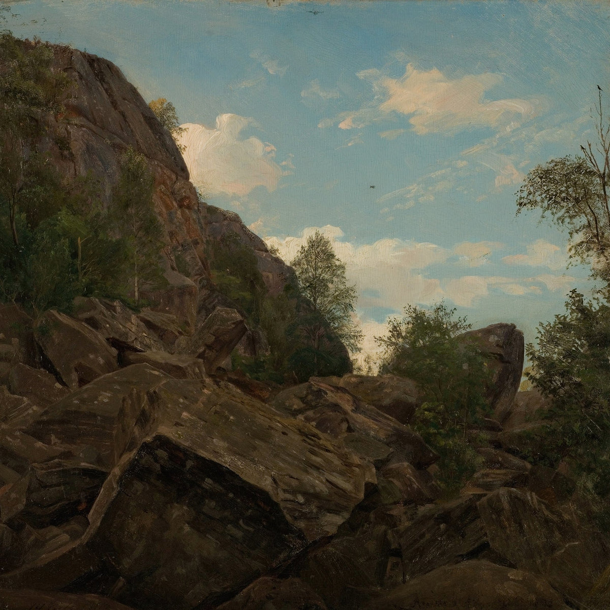 Hand-painted rocky mountain cliff and forest trees landscape oil painting on canvas