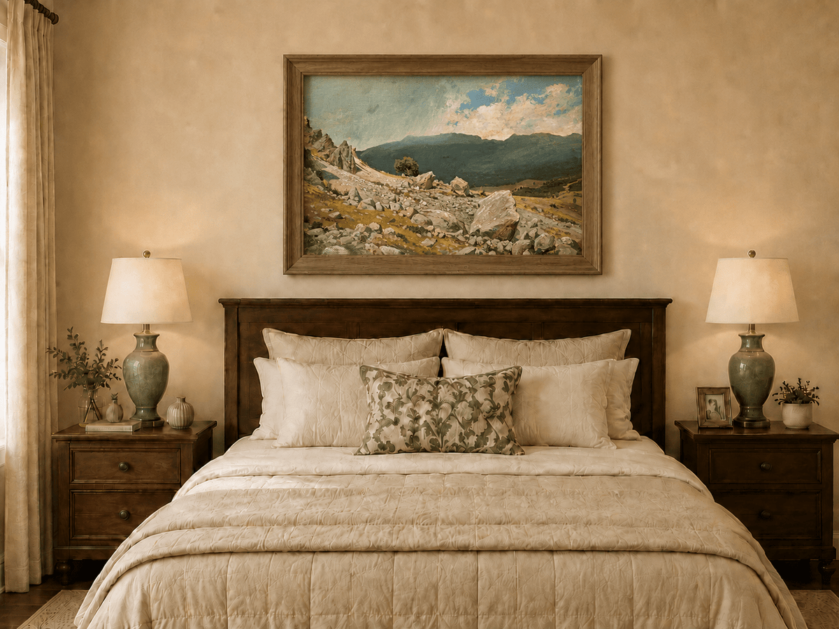 Framed hand-painted alpine oil painting with a rocky slope and distant mountain peaks displayed above a wooden bed in a neutral bedroom.